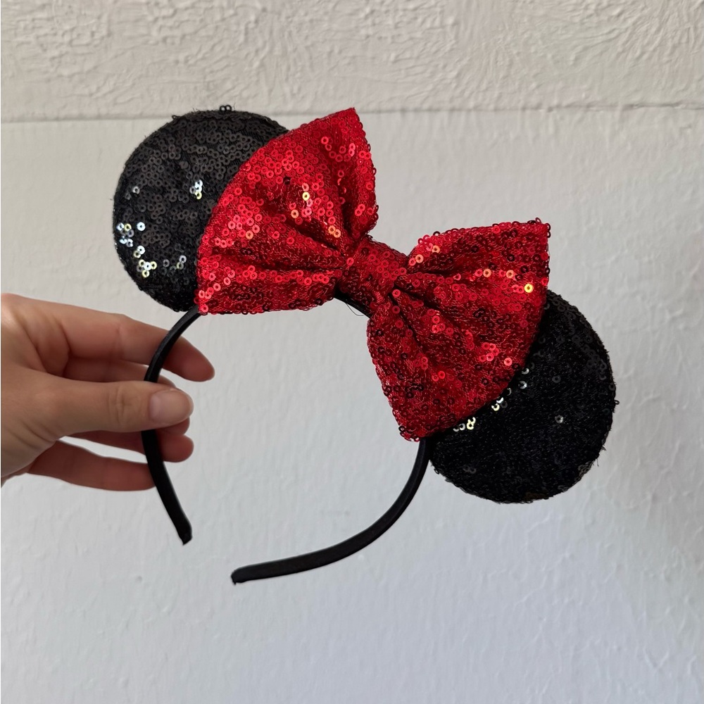 Sequin Minnie Mouse Ear Headband with Red Bow